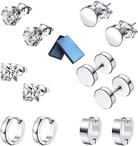 Xihuimay 6 Pairs Titanium Steel Earrings Barbell Zircon Earrings Ear