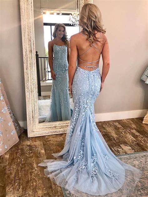 Dusty Blue Lace Mermaid Prom Dress Formal Dress Backless Tight Prom