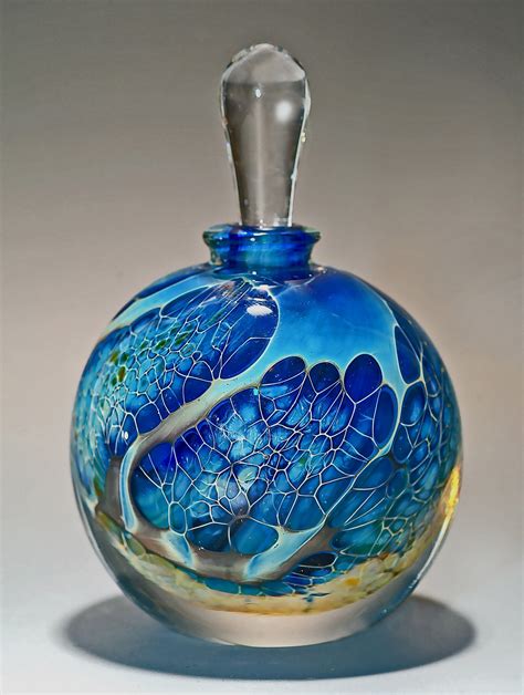 Round Silver Veil Teal Perfume Bottle By Robert Burch Art Glass