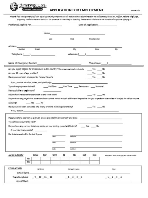 hungry howies job application form  job application form