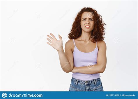 Stop It Annoyed Redhead Curly Haired Woman Rejecting Wave Shaking