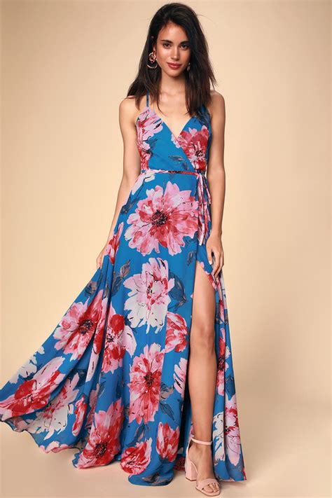 Lovely Blue Floral Print Dress Maxi Dress Wrap Dress Lulus