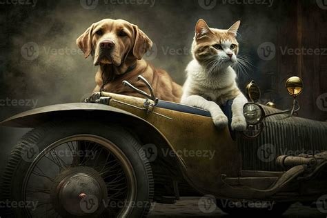 Dog And Cat On Old Car Sidecar Illustration Generative Ai 23932069