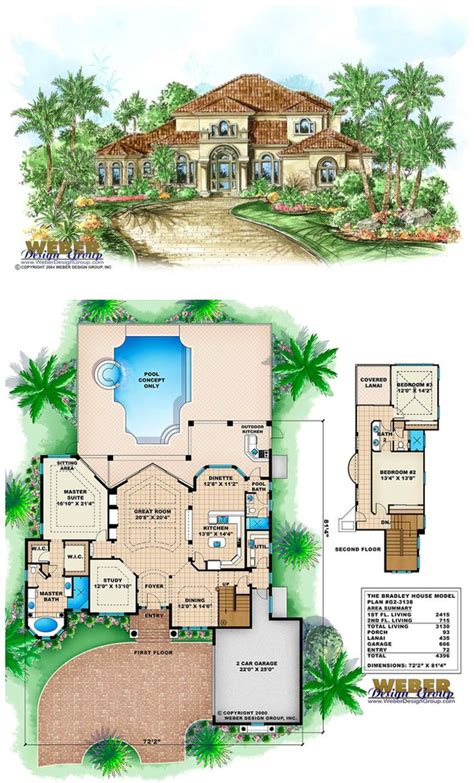 Coastal mediterranean house plan, 2 story, 4 bed, 4 bath, tuscan finishes, study & formal dining, lanai, tropical outdoor living space, pool. Mediterranean House Plan: 2 Story Coastal Mediterranean ...