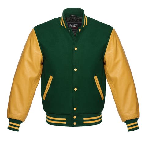 Letterman Varsity Jacket Wool And Real Leather Forest Greengold Skaf Impex