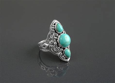 Turquoise Antique Ring Sterling Silver Triple Turquoise Stone Jewelry