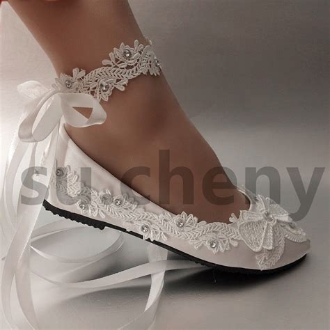 Sucheny Light Ivory White Satin Lace Flat Ballet Wedding Shoes Bridal