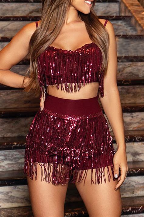 Us 14 11 Sexy Sequin Tassel Wine Red Two Piece Set