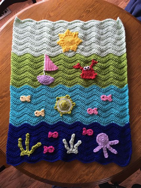 Adorable Under The Sea Ocean Crochet Baby Blanket Wavy Ripple Zig Zag