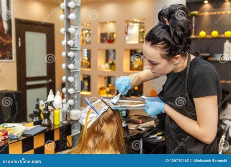 Professional Hairdresser Dyeing Hair Of Her Client In Salon Selective