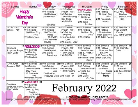 February Activity Calendar Brooklyn Community Estate