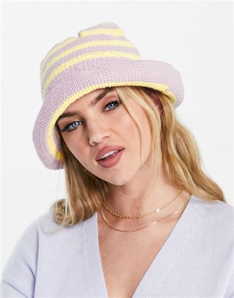 Asos Design Crochet Bucket Hat In Lilac And Lemon Stripe Asos