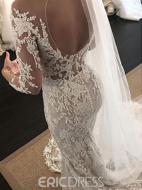 Ericdress Long Sleeves Appliques Beading Mermaid Wedding Dress 2019