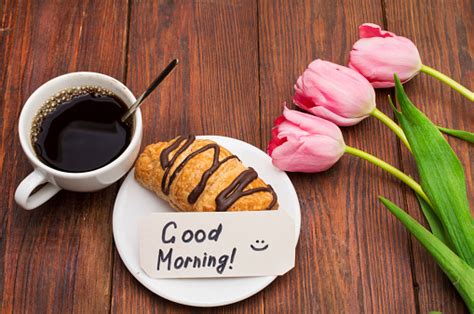 Cup Of Coffee Tulips And Good Morning Massage Stock Photo Download
