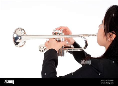 Portrait Of A Female Trumpet Player Isolated On White Stock Photo Alamy