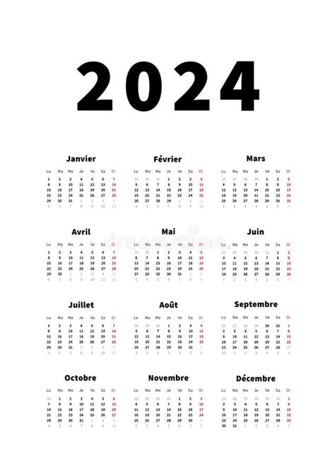 2024 Year Simple Vertical Calendar In French Language Typographic