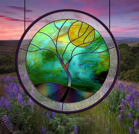 Stained Glass Window Panel Round Stormy Tree Blue Green Gold Black 1935706067