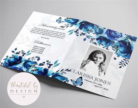4 Page Blue Flowers Funeral Program Template Celebration Of Etsy