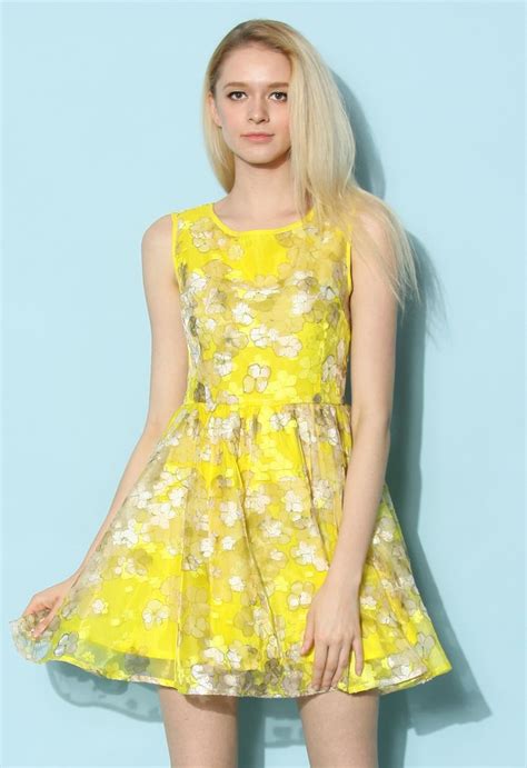 Summer Flower Organza Dress In Bright Yellow Retro Indie And Unique