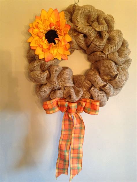 Fall Burlap Wreath With Sunflower And Plaid Bow In Fall Colors Fall