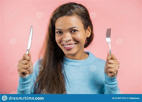 Portrait Of Hungry Woman With Fork And Knife Mature Lady Waiting For Serving Dinner Dishes With