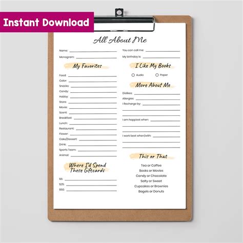 Printable All About Me Co Worker Questions Employee Favorites List