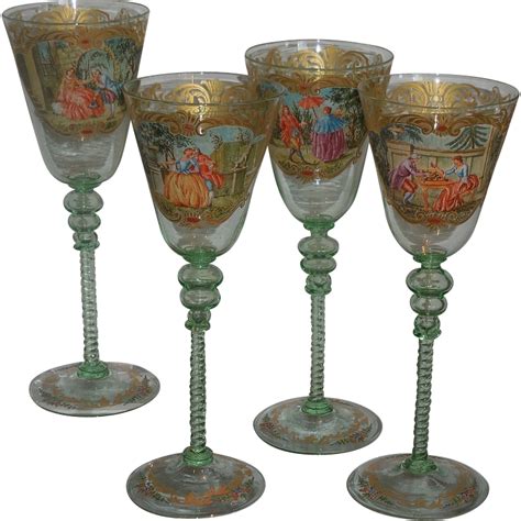 Set Of 4 Antique Moser Decorated Scenic Venetian Green Glass White Wine Stems 06627 Removed