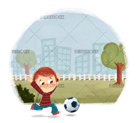 niño jugando a fútbol con balón Ilustraciones de Cuentos Infantiles Dibustock Expertos en