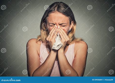 Woman Sneezing Blowing Her Runny Nose Stock Image Image Of Indoors Bacteria 59936841