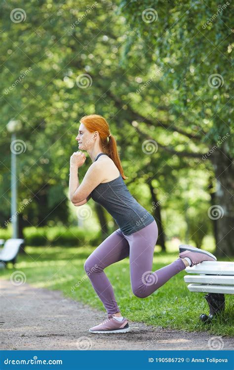 Doing Split Squat Outdoors Stock Image Image Of Cheerful 190586729