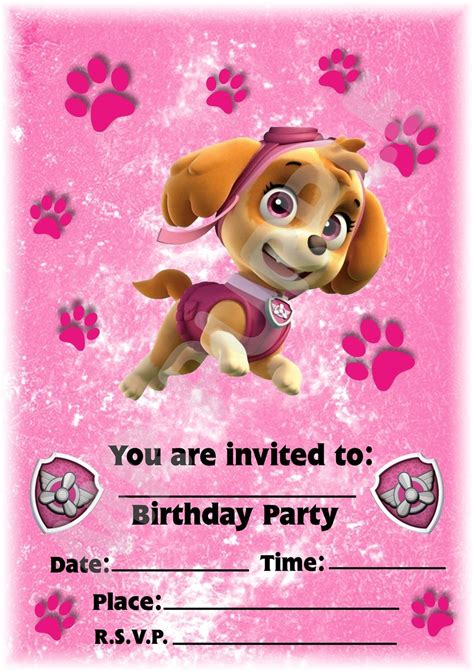 A5 Nick Jr Childrens Party Invitations X 12 Paw Patrol Skye Pink Paw