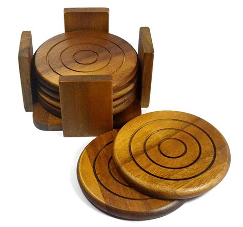 Wholesale Round Coffee 6 Holders Laser Cut Acacia Wood Coaster Set