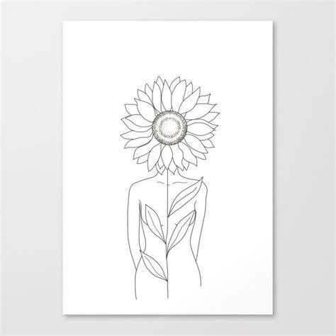 Minimalistic Line Art Of Woman With Sunflower Canvas Print By Nadja