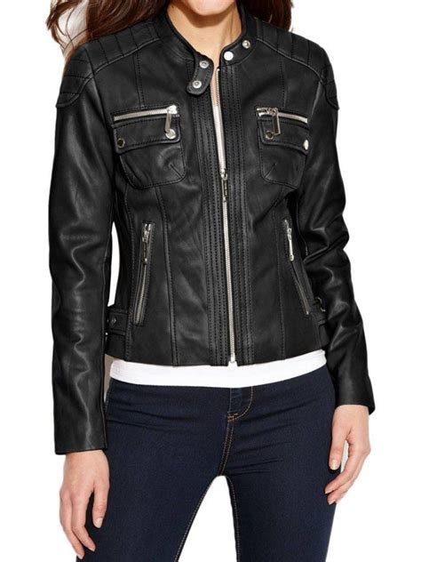 Womens Petite Quilted Biker Black Leather Jacket