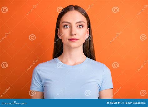 Photo Of Nice Serious Brunette Hair Young Lady Wear Blue T Shirt