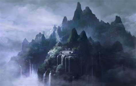 Download 2044x1294 Fantasy Landscape Waterfall Mountains Foggy