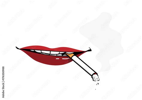 Red Sexy Lips Smoking A Cigarette A Hand Drawn Vector Cartoon