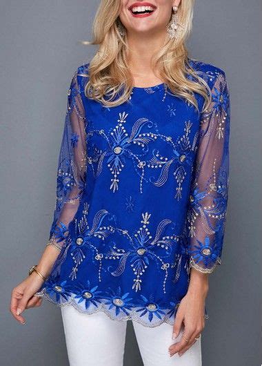 Royal Blue Embroidered Mesh Patchwork Blouse Usd 2958