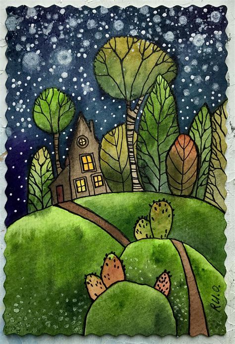 Mini Painting Colorful Of Night Forest Houses Whimsical Etsy In 2021