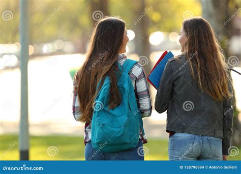 Back View Of Two Students Walking And Talking Stock Photo Image Of