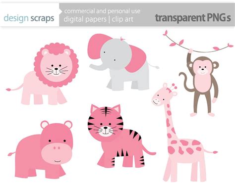 Baby Girl Clip Art Pink Wild Jungle Safari Zoo Animals Digital Clipart