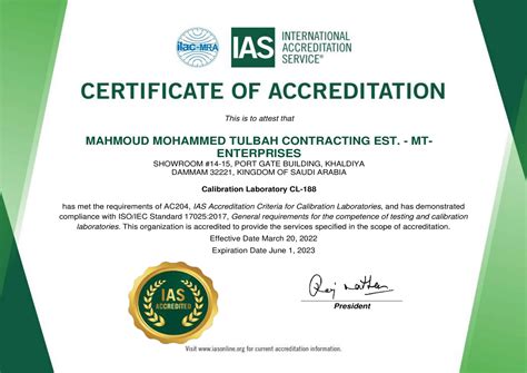 Certifications Of Mt Enterprises Calibration Services Company In