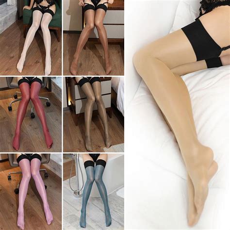 Buy Women Contrast Color 30d Thigh Highs Shiny Sexy Stockings Hold Ups Retro Over Knee At