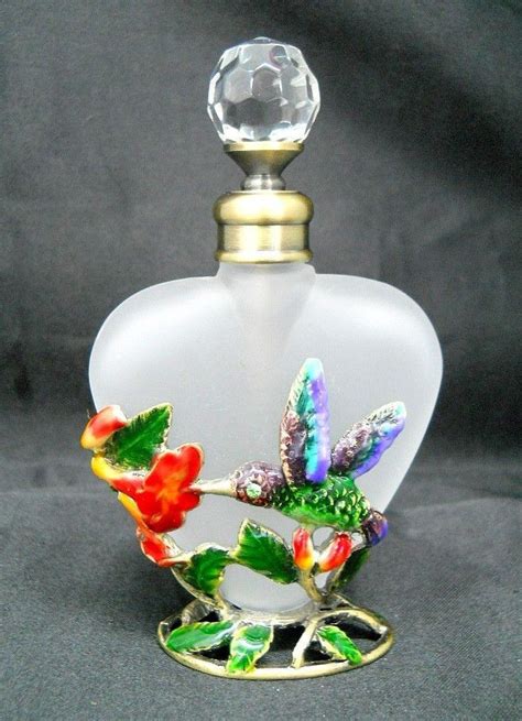 New Hand Blown Glass White Heart Shaped Perfume Bottle Hummingbird Flowers Perfume Bottle Art