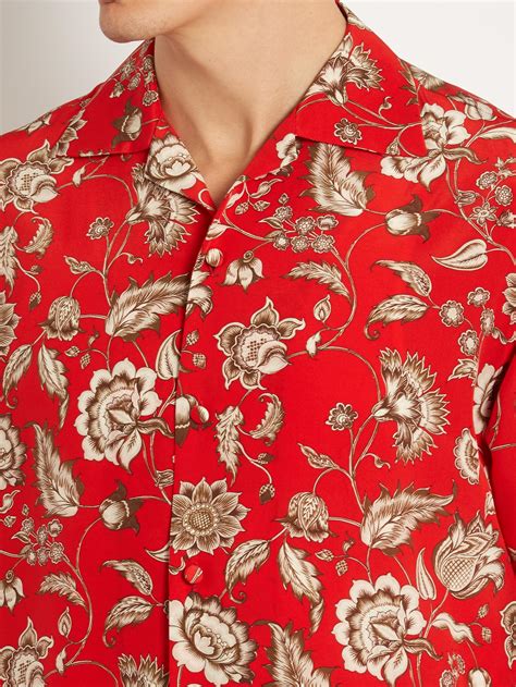 Gucci Camp Collar Floral Print Silk Shirt In Red For Men Lyst