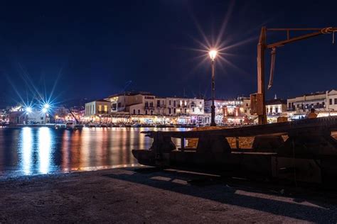 Night View Of Rethymno Town Harbor At Crete Island Greece Stock Photo