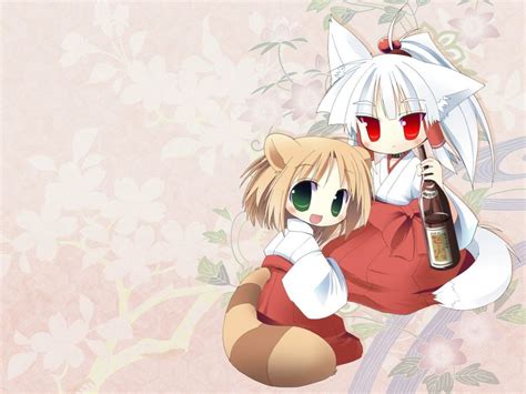 Tails Chibi Brown Green Eyes Animal Ears Red Eyes Collar Drinks White