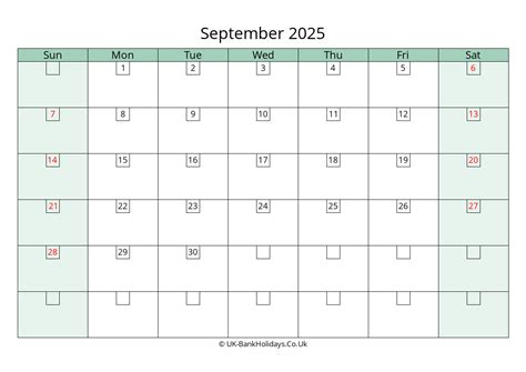 September 2025 Calendar Printable With Bank Holidays Uk