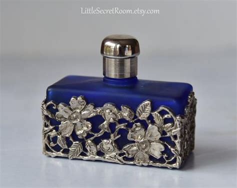 Cobalt Blue Perfume Bottle Glass Bottle With Metal Floral Decor And Cap Art Nouveau Style
