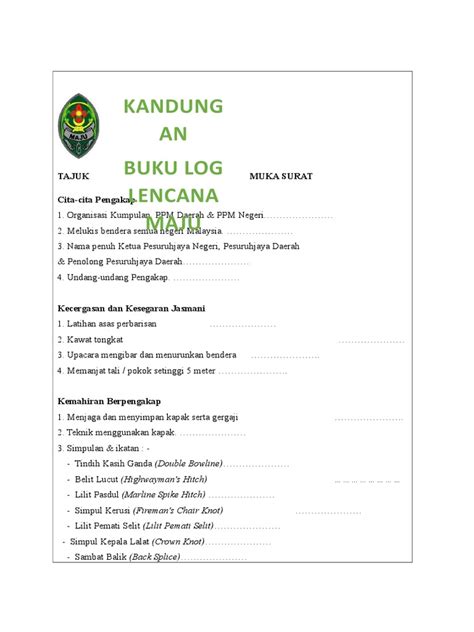 Buku log seharusnya mengandungi catatan rekod yang diharapkan boleh dijadikan panduan, laporan dan juga pengesahan terhadap (2) buku log lencana usaha. Buku Log Lencana Maju